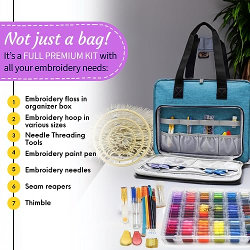 Image of ATTERET Full Range Embroidery and Cross Stitch Starter Kit with Premium Storage Organizer Bag, Includes 99 DMC Coded Cotton Threads, 9 Metallic Floss, 3 Hoops, Needles, Scissors + More (Turquoise)