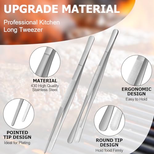 HOTUT Cooking Tweezers Tongs Precision Serrated Tips,2pcs 30cm Kitchen Cooking Tweezers Culinary,Stainless Steel Long Tweezer Tongs,Straight Tweezers Kitchen Tool for BBQ,Plating and Serving (Silver) - Image 3