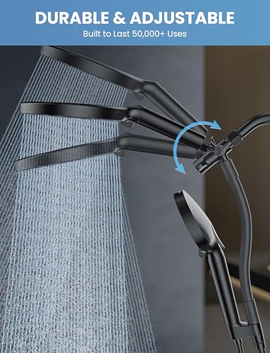 Image of Filtered Shower Head Handheld Mother-Child Large Arm Combo, High Pressure 10-Spd Detachable Chrome Showerhead w /Stainless Hose, Water Softener Beads Hard Water - Remove Chlorine, Black
