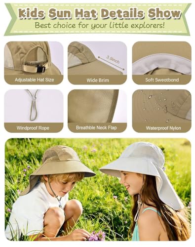 Image of Rosoz Kids Sun Hat with Neck Flap UV Protection Summer Toddler Beach Hat Unisex Ponytail Hat Wide Brim Fishing Hat
