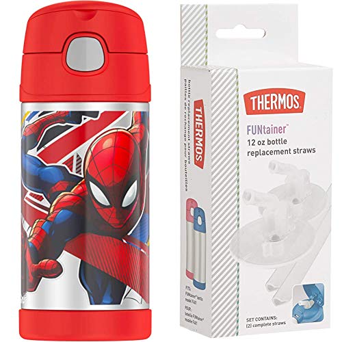 THERMOS FUNTAINER 12 Ounce Bottle, Spiderman & THRF401RS6 F401 FUNtainer Foogo Replacement Straw Set, 2 pk, one size, Clear