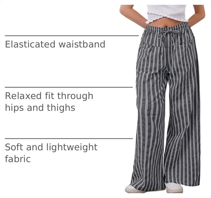 Image of MISSACTIVER Women Drawstring Striped Pants Loose Wide Leg Trousers Casual Low Waist Pants Comfy Lounge Pants with Pockets
