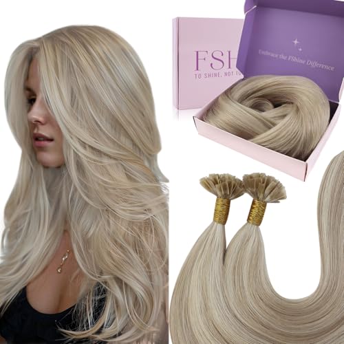Fshine Keratin Nail Tip Hair Extensions, Dark Blonde Highlight and Bleach Blonde, 22 Inch 50g/50s, Remy Human Hair