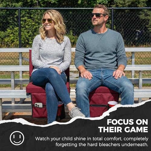 Image of SPORT BEATS Stadium Seats with Back Support Bleacher Chairs with Back and Cushion Thick Padded Bleacher Seats Includes Shoulder Strap Maroon 2pcs Regular - 17 inch W x 12 inch D x 16.5 inch H