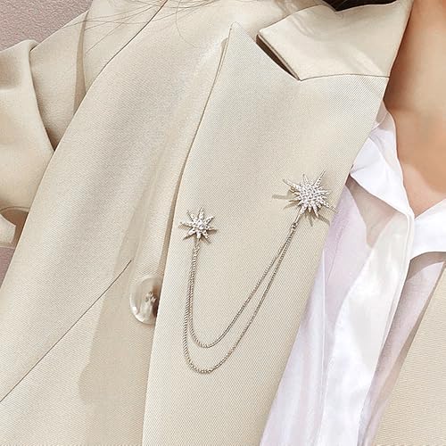 Image of Gold Crystal Star Chain Tassel Brooch Pin for Women Men,Glitter Rhinestone Lapel Pins Dress Suit Accessories,Silver Wedding Anniversary Fringe Brooch