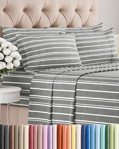 Image of Cal King 6 Piece Bed Sheet Set - Breathable & Cooling Sheets - Grey Stripes | Ultra-Soft Hotel Luxury Bedding Set with 8-16 Inch Deep Pockets, 1 Flat & 1 Fitted Sheet & 4 Pillowcases, Wrinkle & Fade Free
