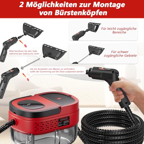 Dampfreiniger Handgerät, 2500W Handdampfreiniger mit 1,6-Liter-Wassertank, Dampfabgabe vom Handgriff aus, Steam Cleaner für Alles, Fenster, Autos (Rot)