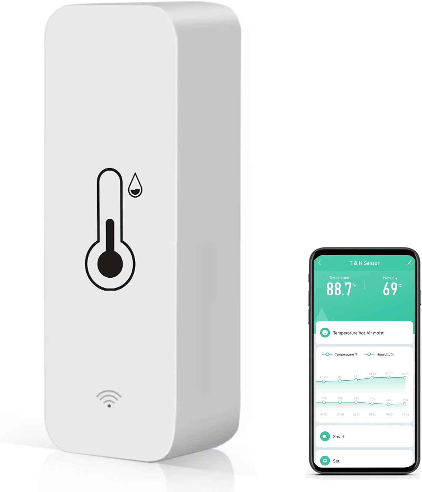 WiFi Temperature Humidity Sensor: Indoor Thermometer Hygrometer with App Alert, Free Data Storage Export, Smart Temperature Humidity Monitor for Home Pet Greenhouse, Compatible with Alexa (1-Pack)
