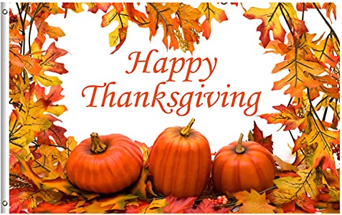 Pickako Yellow Fall Leaves Three Pumpkins Celebrate Thanksgiving Day Autumn Harvest 3X5 Foot Flag, Double Stitched 3 X 5 Ft Flags With Brass Grommets For Home House Outdoor Indoor Decor #TOP11