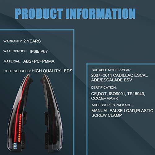 Vland Led Tail Lights Assembly Fit For 2007-2014 Cadillac Escalade/Escalade Esv, 6 Holes For 5 Pins Plug Taillight With Red Turn Signal, Plug-And-Play, Not Fit Gmc And Chevrolet, Smoked #TOP7