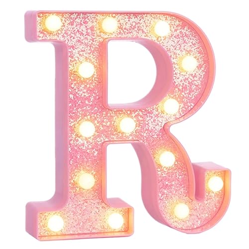 Image of Pink Marquee Light Up Letters, Glitter Alphabet LED Letter Lights for Pink Birthday Party Decorations, Battery Operated Letter Sign for Girls Room Vanity Table Decor, Warm White Lights Letter R