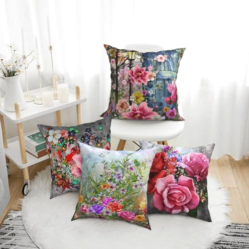 AMZQJD 4 Stück Kissenbezug Frühling Dekorative Kissenhülle Baumwolle Leinen Sie Kissenbezüge (40 x 40 cm, Rote Blumen) – Bild 3