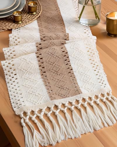 Pureegg Farmhouse Boho Table Runner - 72 Inches, Linen-Textured Woven