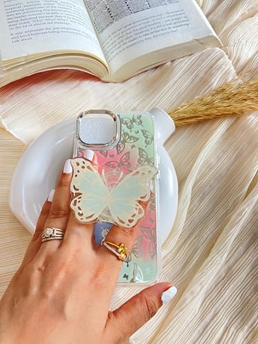 Image of COVERLY for iPhone 15 3D Luxury Butterfly Resin Stand Phone Case,Trendy Mirror Pop Cute Holder Makeup Art Laser Wings -Non Yellowing Pretty Aesthetic Princess Cover for Apple iPhone 15