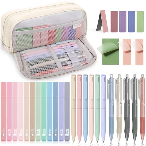 COZCLAM 32pcs Aesthetic Stationery Supplies with White Pen Case, 12 Pastel Highlighters, 6 Colour Pens, 5 Black Pens