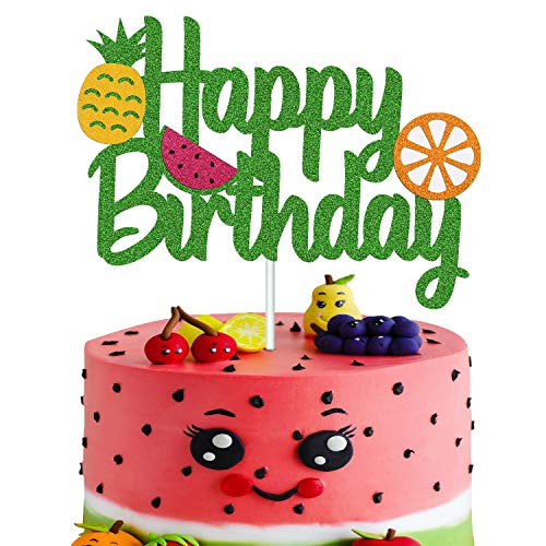 Fruit Cake Topper Happy Birthday Sign Pineapple Lemon Watermelon Orange Summer Theme For Birthday Party Supplies Double Sided Green Sparkle Decor (Green) #TOP3