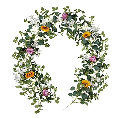 TIAVNTD Guirlande de fleurs d'eucalyptus artificielles de 2 m avec roses, tournesol, feuilles d'eucalyptus en soie pour décoration murale de mariage, jardin, maison, bureau, fête Cover