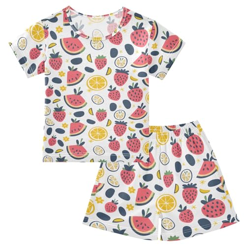 ALAZA Watermelon Strawberry Lemon Cartoon Pajamas Short Sleeve 2 Piece Sleepwear Top and Bottom Pajama Set Unisex