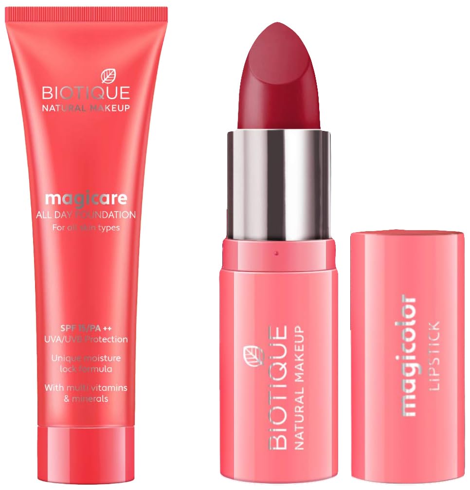 Biotique Natural Makeup Natural Magicare All Day Liquid Full Coverage Foundation - Clay & Natural Makeup Creamy Magicolor Lipstick (Fire Me Up), Pack Of 1