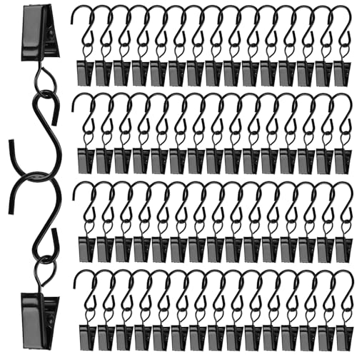 Stainless Steel Metal Clips with S Hooks for Curtain Photos, Art Craft Hanger Hanging Clips, Home Decoration, 60 Pack, Black