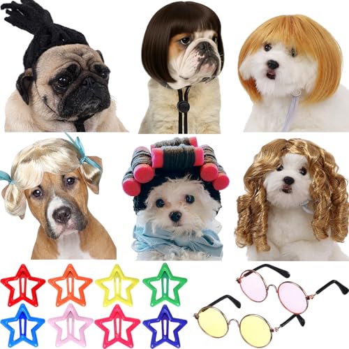 FineCheer 6 Pcs Funny Dog Wig for Cat and Dog Role Playing Wigs with Hairpin Glasses and Adjustable Elastic Band Pet Wigs and Pet Costumes for Small Medium & Large Pets Accessories (Stylish)