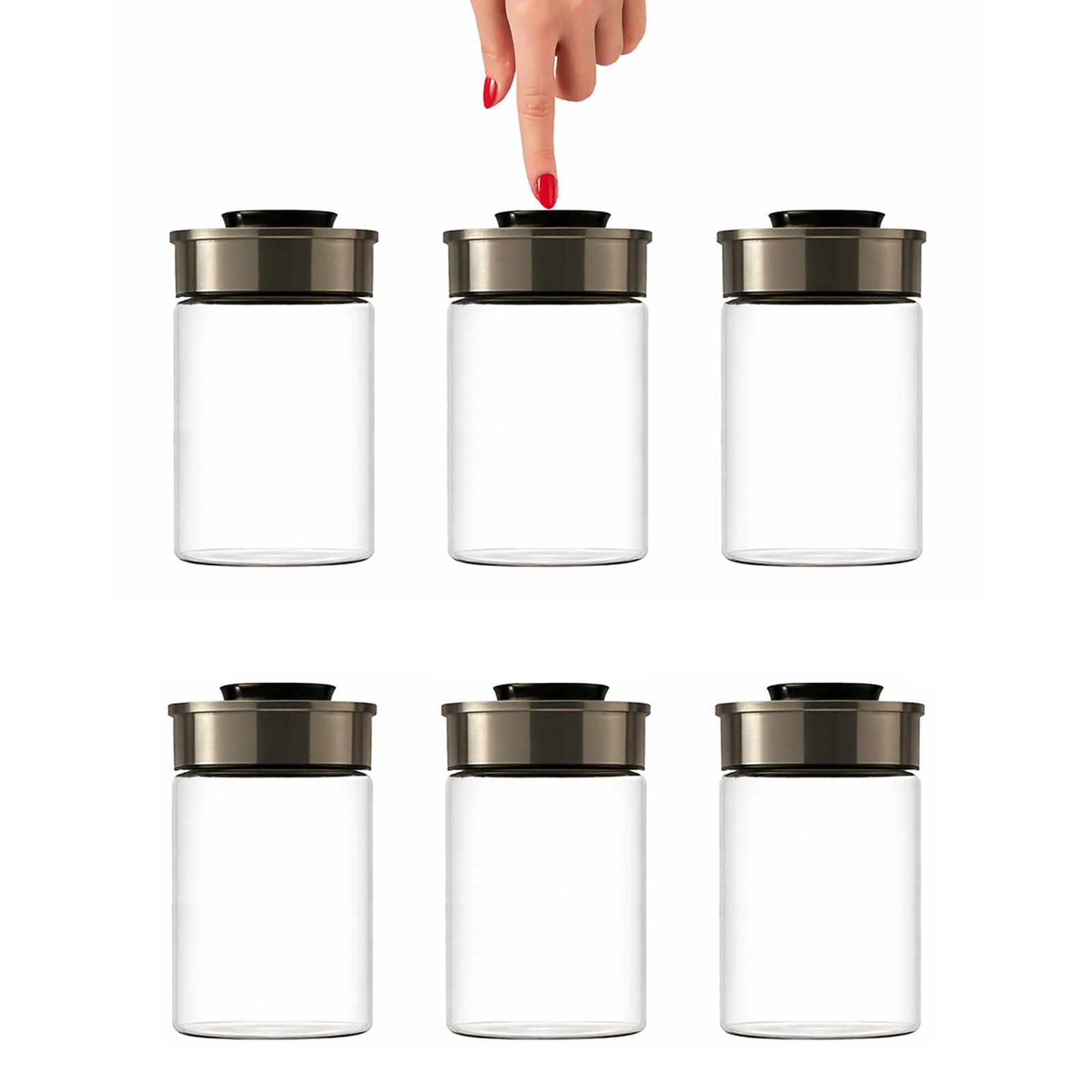 BURI Juego de 6 tarros de vidrio al vacío de 1300ml | Tarros de almacenamiento de vidrio con tapa de acero inoxidable y mecanismo de clic al vacío | Hermético a las polillas, apilable, apto para