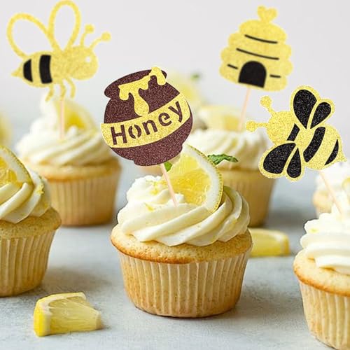 image for Pretyps 32 PCS Bumble Bee Cupcake Toppers Glitter Heart Honeycomb Bee 