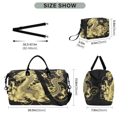 Gold Japanese Dragon Travel Duffle Bag Gym Bag Weekender Bags with Toiletry Bag Travel Trip Tote Bag3