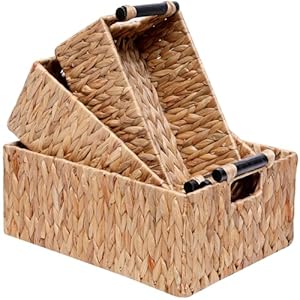 Wicker Storage Basket Shelf Bakets Hand-Woven Water Hyacinth Woven Storage Basket with Wooden Handles,Nested Organizer Container with Built-In Carry Handles,3 Pack Wicker Storage Basket Shelf Bakets Hand Woven Water Hyacinth Woven Storage Basket with Wooden HandlesNested Organizer Container with Built In Carry Handles3 Pack