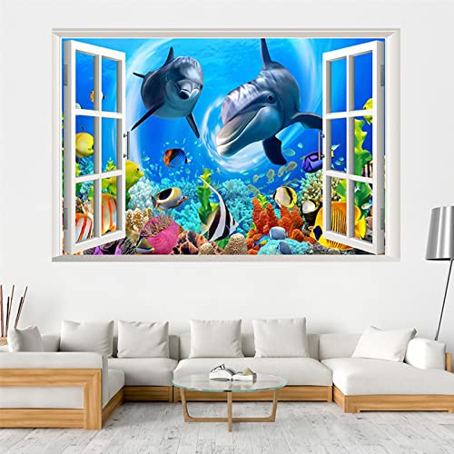 Wall Decals 3D Ocean World Fake Windows Wall Sticker Vinyl Self-Adhesive Art For Kids Baby Bedroom Bathroom Living Room Study Wall Decoration Gift Supplies(22.4"X35.4") #TOP2
