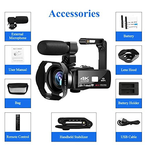 Videokamera Camcorder 4K 48MP 60PFS WiFi Camcorder Full HD 18X IR Nachtsicht Vlogging Kamera 3.0" IPS Touchscreen mit Mikrofon, 360° Funkfernbedienung, Zwei Batterien – Bild 8