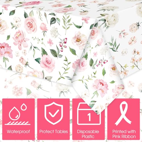 Image of Ganeen 3 Pcs Pink Floral Tablecloth Disposable Plastic Table Covers Wildflower Waterproof Tablecloth for Baby Shower Birthday Wedding Mothers Day Tea Party Supplies and Decor, 54 x 108 Inch
