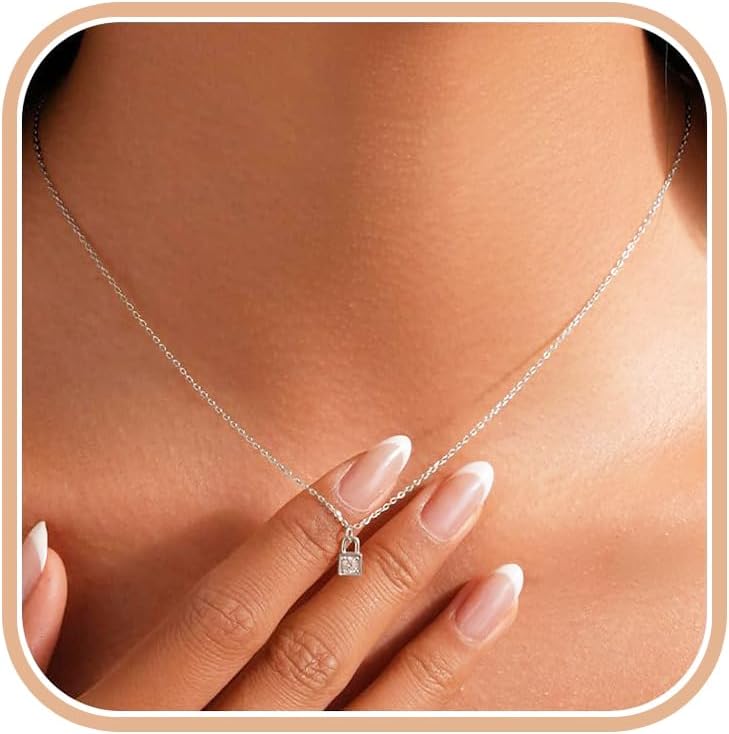Dainty 925 Sterling Silver Lock Pendant Necklace for Women 14K Gold Plated White Cubic Zirconia Lock Chain Choker Necklace to Daughter Mother Wedding Mothers Day Jewelry Gifts