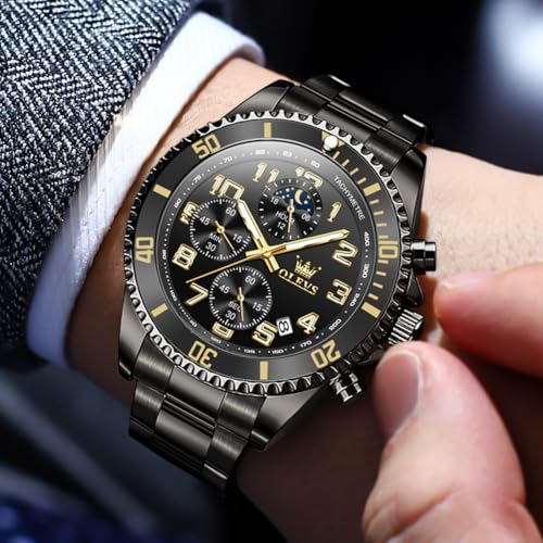 Image of Mens Watch Chronograph Easy Read Dial Black Luxury Wristwatch Stainless Steel Waterproof Luminous Business Watch