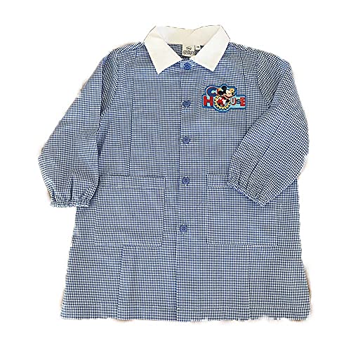 CERDA Tablier d'écolier/Blouse d’école Mickey | Coloris Vichy Bleu | Fermeture à Boutons | 2 Poches Devant | Poignets à Elastiques | Confortable à Porter | Entretien Facile (4 Ans)