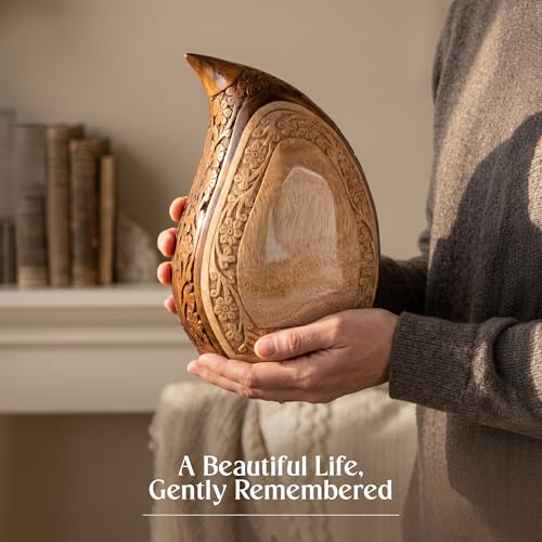 Image of Wooden Teardrop Urns for Human Ashes - 80 lb Black Thunderstorm Pattern Cremation Urn, Decorative Burial Container for Ashes Adult Male or Female Memorial Display