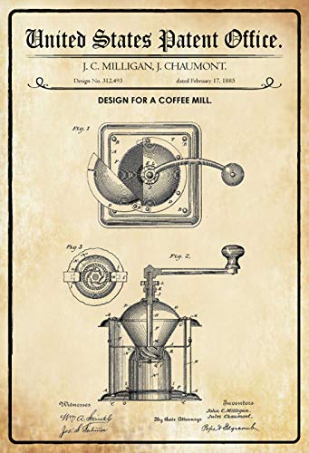 Patent Entwurf für eine Kaffeemühle Blechschild Schild gewölbt Metal Sign 20 x 30 cm