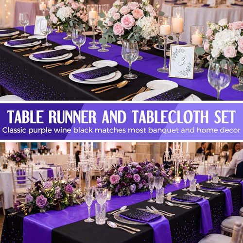 Image of Breling 8 Pack Black and Purple Disposable Plastic Tablecloths and Satin Table Runner Set, 54 x 108 Inch Tablecloth, 12 x 108 Inch Table Runners for Wedding Graduation Birthday Baby Shower