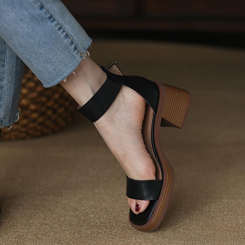Ladies' Roman sandals - medium heel, thick sole with thick pad, adjustable buckle, suitable for summer casual and formal occasions, thick heel, wear-resistant rubber sole3