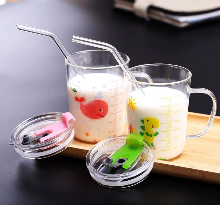 Image of WEZOSHINET Transparent Coffee Mug with Lid Glass Mug with Handle and Straw for Milk Coffee Tea Juice Leak Proof Light Weight Printed Glass Mug for Kids Ideal for Birthday Gifts Home (Pack of 1)
