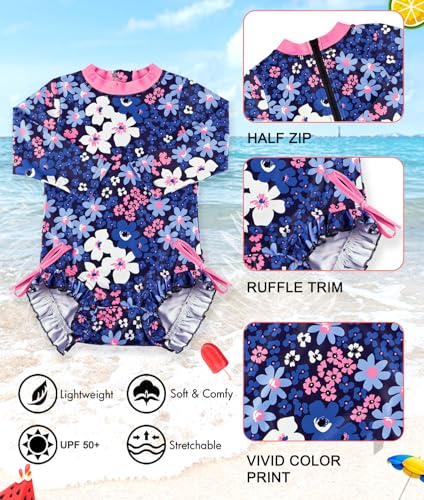 Image of BesserBay Baby Girl Swimsuit UPF 50+ Long Sleeve Zipper Snaps Bottom One Piece Rash Guard 0-36 Months