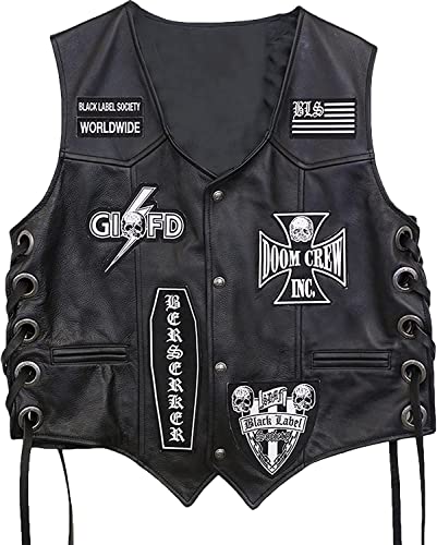 Men's Black Label Society Genuine Leather Skull Patches Biker Motorcycle Vest Sleevless Jacket