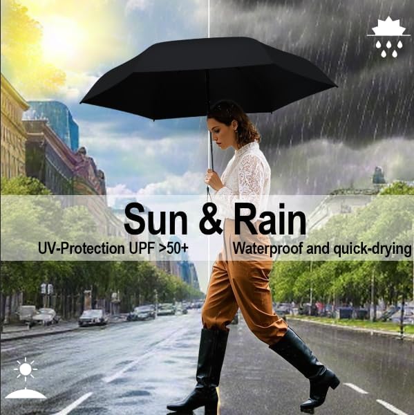 Windproof Mini Travel Folding Umbrella - UPF 50+ Sun & Rain Protection, Small Compact Lightweight Design Fits in Pocket or Bag, Eco-Friendly Fabric Wallet Umbrella for Commuter, Men Women Boys Girls - Image 4