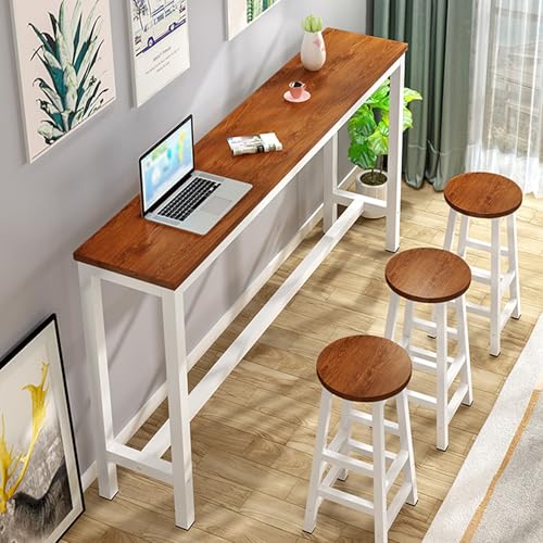 Mesa Alta Bar,Isla Cocina,Mesa Barra Cocina Alta,Barra de Bar para Casa,Mesas Estrecha Comedor,Mesa Auxiliar,con Estructura de Acero Resistente,para Bistro,Cafetería,Jardín,Patio,Sin Taburete(Teak,140
