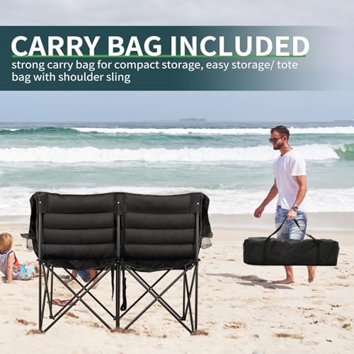 ABORON Silla Plegable Doble Sobredimensionada para Camping con Bolsillos Laterales, Silla para 2 Personas con Asiento Acolchonado, Loveseat Portátil para Patio, Camping, Deportes y Jardín miniatura 5