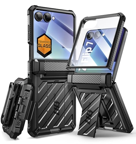 SUPCASE for Samsung Galaxy Z Flip 7 Case with Built-in Stand & Belt-Clip (Unicorn Beetle Pro), [Hinge Protection] [Front Tempered Glass Screen Protector] Full Body Military-Grade Phone Cover, Black
