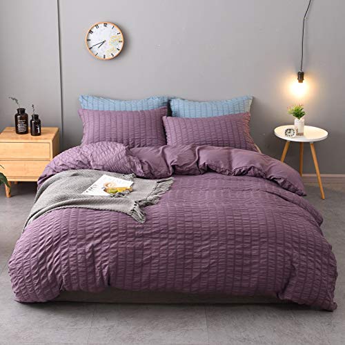 M&Meagle 3 Pieces Purple Duvet Cover Textured Set with Zipper Closure,100% Washed Microfiber Seersucker Fabric,Luxury Hotel Quality Bedding-Queen Size(1 Duvet Cover 2 Pillowcases)