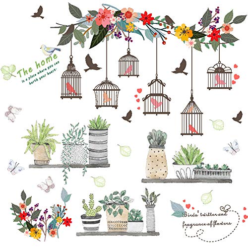 SuzSan Birdcage Flowers Wall Stickers Spring Green Potted Plant Bonsai Decals Home Decor kit