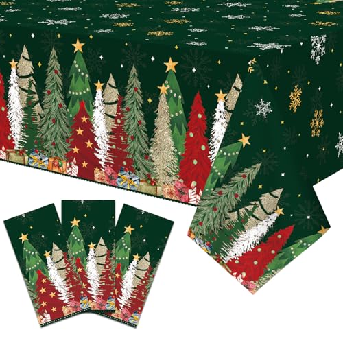 Image of Gistome 3-Piece 54 x 108 Inch Christmas Tree Plastic Tablecloth - Festive Green Holiday Disposable Table Cover for Winter Parties, Christmas Dinners, and Indoor Outdoor Decorations