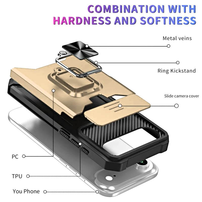 Image of LuxuryKase Shockproof Armor Case for iPhone Air | Slide Camera Cover | Hidden Card Slot | Rotating Ring Kickstand | Magnetic Car Mount Support | Military Grade Protection - Gold